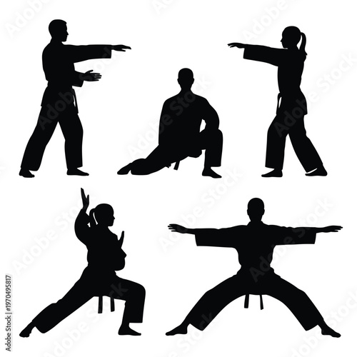 Silhouettes of people practicing various tai chi and martial arts poses