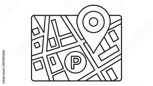 Outline Vector Illustration of a Map with Location Pin and Parking Symbol Icon for Navigation and Travel Destination Finding Service Application.