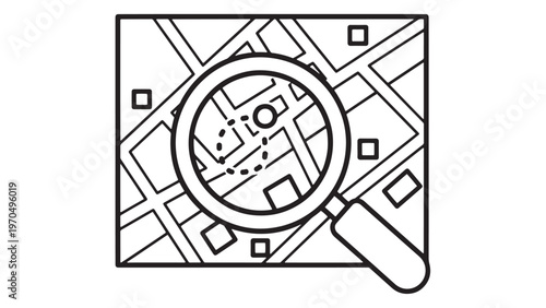 Detailed line art icon of a magnifying glass searching a city map for a specific location, illustrating navigation, route planning, and geographical discovery.