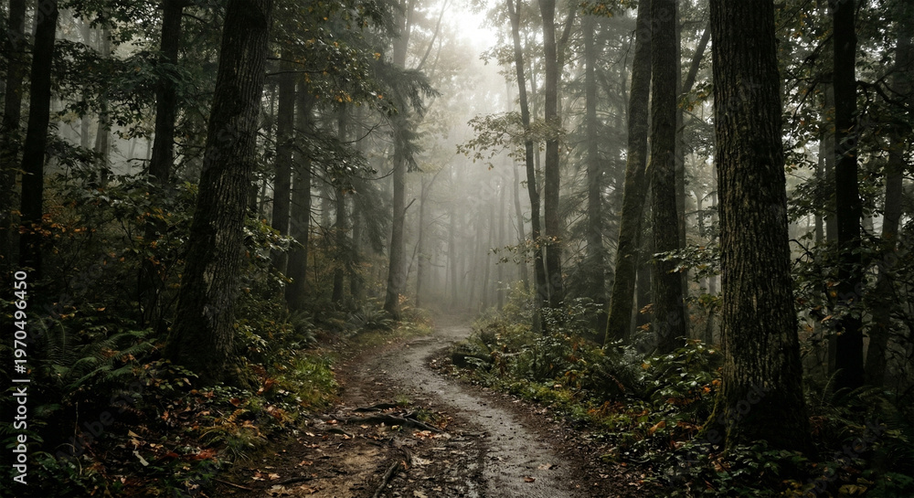 Fototapeta premium Dark And Foggy Pathway Through A Mystical Forest