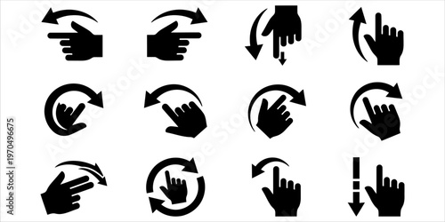 Hand interaction icon set with swipe directions and tap gestures, modern flat design perfect for mobile interface, app tutorials, and navigation guides.