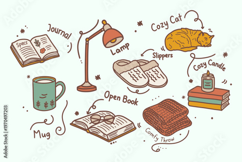 Cozy Night Routine Hand Drawn Doodle Set with Lamp, Candle, Book and Blanket