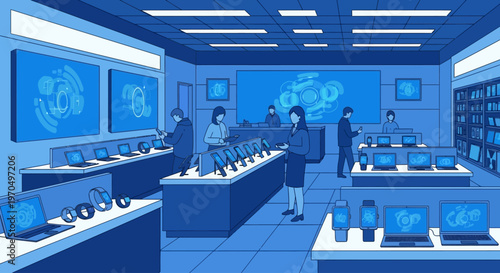 People shopping for new devices in a modern technology retail store.