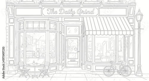 Hand-drawn illustration of a classic coffee shop exterior with a bicycle.