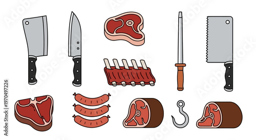 Butchery tools and various meat cuts illustration