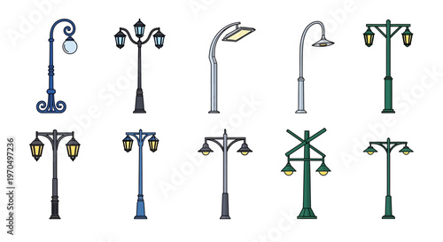 Variety of street lamps and poles.
