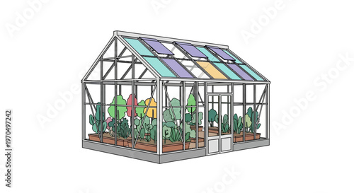 Small metal greenhouse with plants inside.