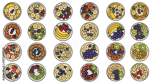 Variety of colorful food plates.