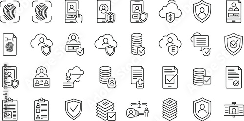 Data security and user privacy line icon set featuring authentication protection cloud storage identity verification and secure access symbols