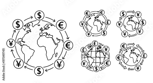 Currency Exchange Vector with Global Trade Flow and Circular Money Arrows