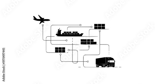 Global Logistics Network Vector with Planes Ships Trucks and Distribution Grid