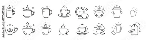 Tea and coffee cup line icons set featuring steaming mug herbal tea cup take away coffee tea bag and tea time clock and more vector illustration with editable stroke.