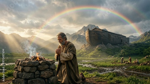 Prophet Noah praying at the altar fire with an ark in the background and a rainbow in the sky, Biblical scene of sacrifice after the great flood, Traditional.