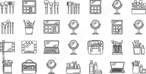 Makeup tools and cosmetic accessories line icon set featuring brushes palettes mirror kits beauty products and professional salon equipment