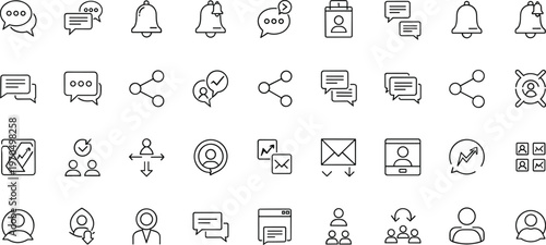 Notification and communication line icon set featuring chat messages alerts sharing email user interaction and social media symbols
