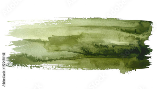 Tache de peinture aquarelle horizontale dans des tons de vert olive et forêt, texture artistique isolée sur fond blanc pour design.