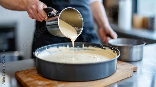 Man pouring cheesecake batter.