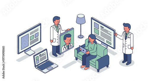 Doctors discussing medical records digitally.