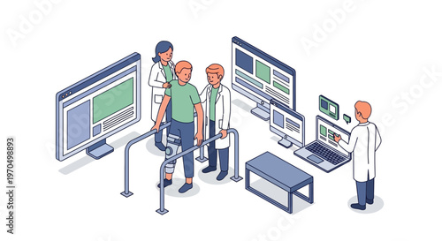 Medical professionals examining robotic leg.