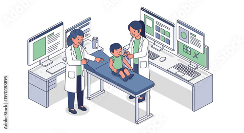 Medical professionals examining a young child.