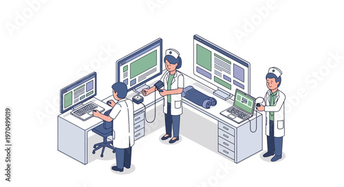 Scientists working at computer stations 1.