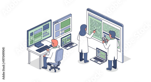 Scientists working on computer screens together 1.