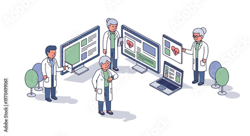 Scientists working on computer screens together.