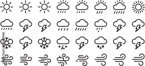 Minimal thin line weather icon set with sun rain cloud and thermometer symbols clean editable stroke vector collection for web and app design