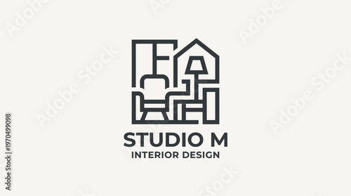 Modern Minimalist Interior Design Logo for Studio M Featuring Furniture and House Symbols