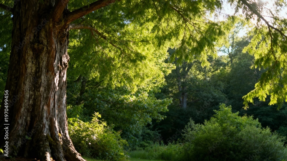 Obraz premium Sunlight filtering through lush green leaves of a large tree in a serene forest setting