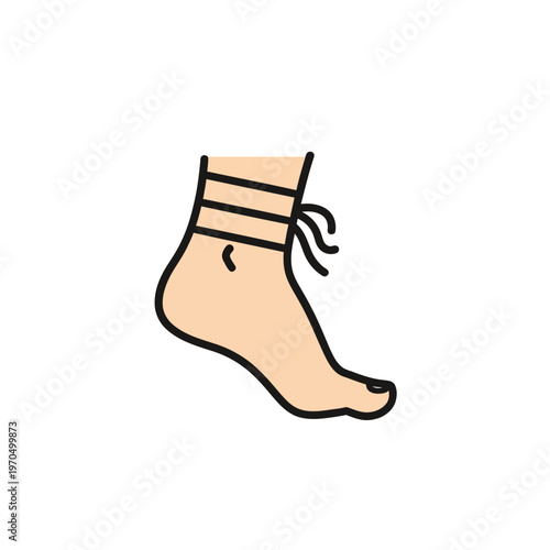 Minimalist flat color icon of a human foot wrapped with a ribbon around the ankle, symbolizing care, support, healing, or decorative binding in a clean, modern illustration style