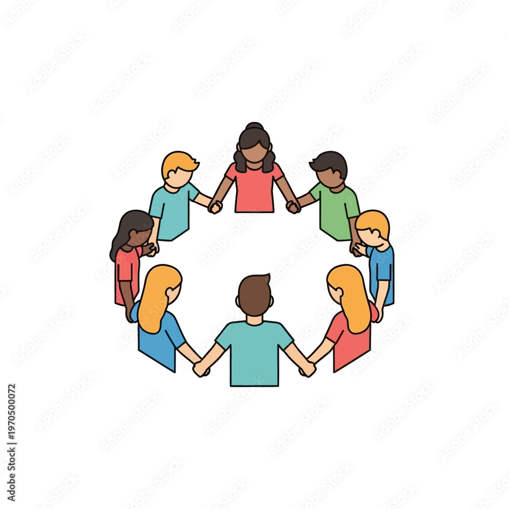 Fototapeta premium Vibrant flat design illustration of a diverse group forming a circle of hands, symbolizing global unity, community, and inclusive collaboration
