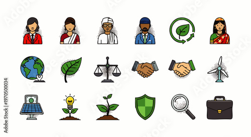 Diverse people, environmental sustainability, justice, and business icons collection. Representing global issues, social responsibility, and eco-friendly concepts.