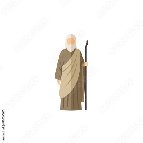 Simple flat style icon depicting a revered old man with a flowing beard and a walking stick, embodying sagacity, prophetic insight, and historical authority for diverse projects