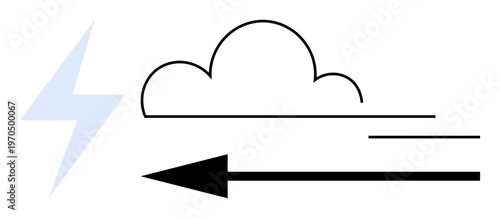 Weather symbols. Weather with a lightning bolt, cloud, and directional arrow. Weather illustrated for forecasting, climate ation, and meteorological analysis. For apps, climate education analysis