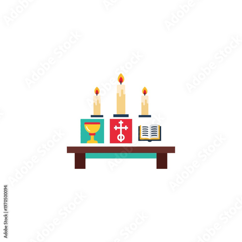 Religious altar with candles, chalice, and holy book, representing faith and spiritual devotion