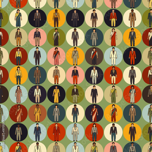 Multicultural seamless pattern featuring diverse people from around the world. Global community illustration with men and women of different ethnicities in retro flat style.