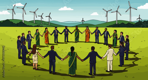 Diverse people holding hands in a circle on a green field with wind turbines, symbolizing global unity, environmental sustainability, and renewable energy.