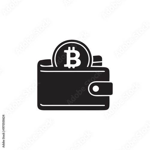 A black wallet icon containing a large bitcoin symbol representing cryptocurrency