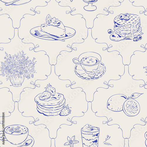 Whimsical blue mediterranean breakfast pattern background seamless. Hand drawn morning food doodle as cute cafe brunch scene with cake, pancakes and dessert. Seamless pattern for bakery menu card or