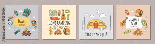 Summer camp adventure concept in cartoon and doodle style set. Square set with travel, backpack and campfire, hand drawn in bright color. Fun trip or adventure background for summer camp