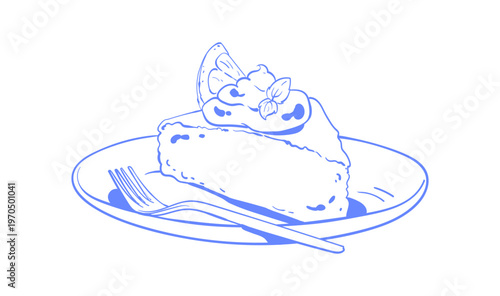 Vintage french cake sketch on plate. Whimsical lemon dessert doodle with cute bakery mood. Cozy breakfast cafe background for menu or card and icon use in minimalist blue food art