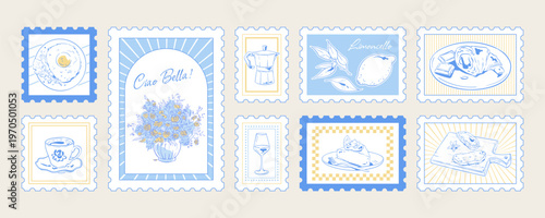Whimsical italian and french breakfast stamp set in soft blue and yellow tone. Cute coffee cup croissant dessert icon appear as sketch doodle food motif. Charming egg plate lemon slice suit cafe