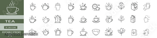Tea and coffee line icons set featuring ceramic teapot steaming mug take away coffee tea bag organic leaf and flower and more vector illustration with editable stroke.