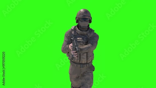 Wallpaper Mural Armed military soldier running and aiming rifle 3D render concept on green background Torontodigital.ca