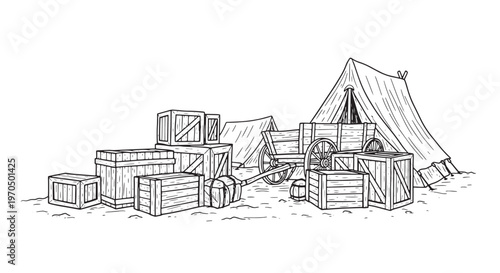 Pioneer supply camp with wooden crates and covered wagon. Vintage hand drawn western logistics and transport.