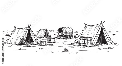 Historical western pioneer camp with tents and covered wagon. Vintage hand drawn frontier settlement scene.