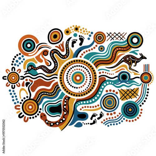 An artistic Aboriginal dot painting featuring circular and winding motifs and an kangaroo. The artwork has a traditional and cultural feel.