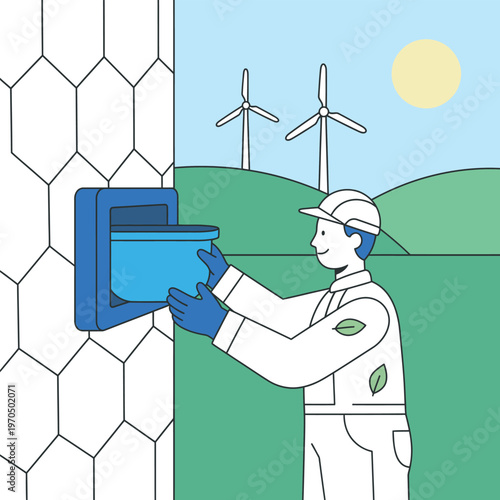 Worker installing renewable energy battery storage unit.