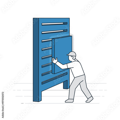 Worker Installing Large Blue Panel into Industrial Rack System.